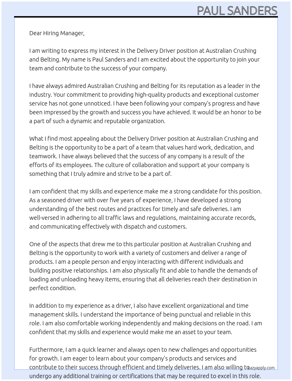 Delivery Driver At Australian Crushing and Belting Cover Letter
