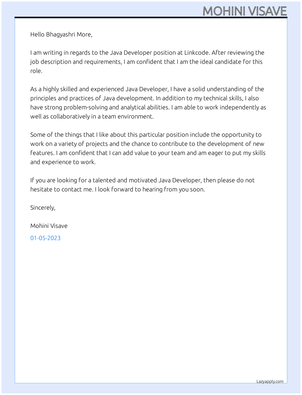 Java Developer At linkcode Cover Letter