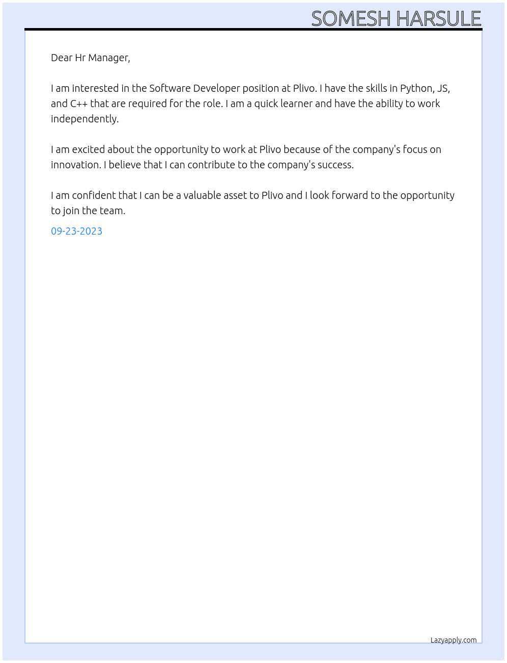 Software Devloper At Plivo Cover Letter