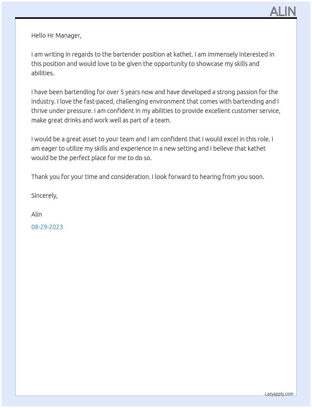 bartender At kathet Cover Letter