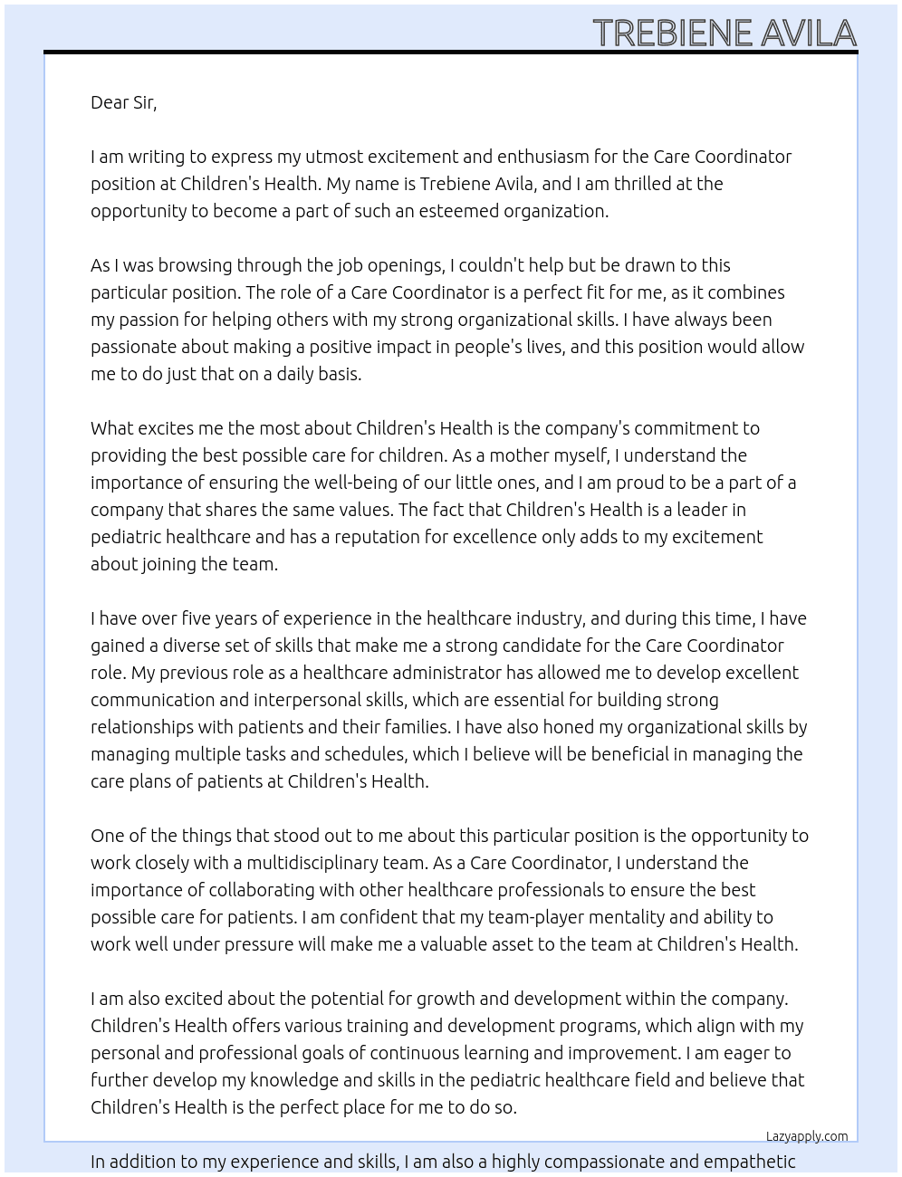 Care Coordinator At Children's Health Cover Letter
