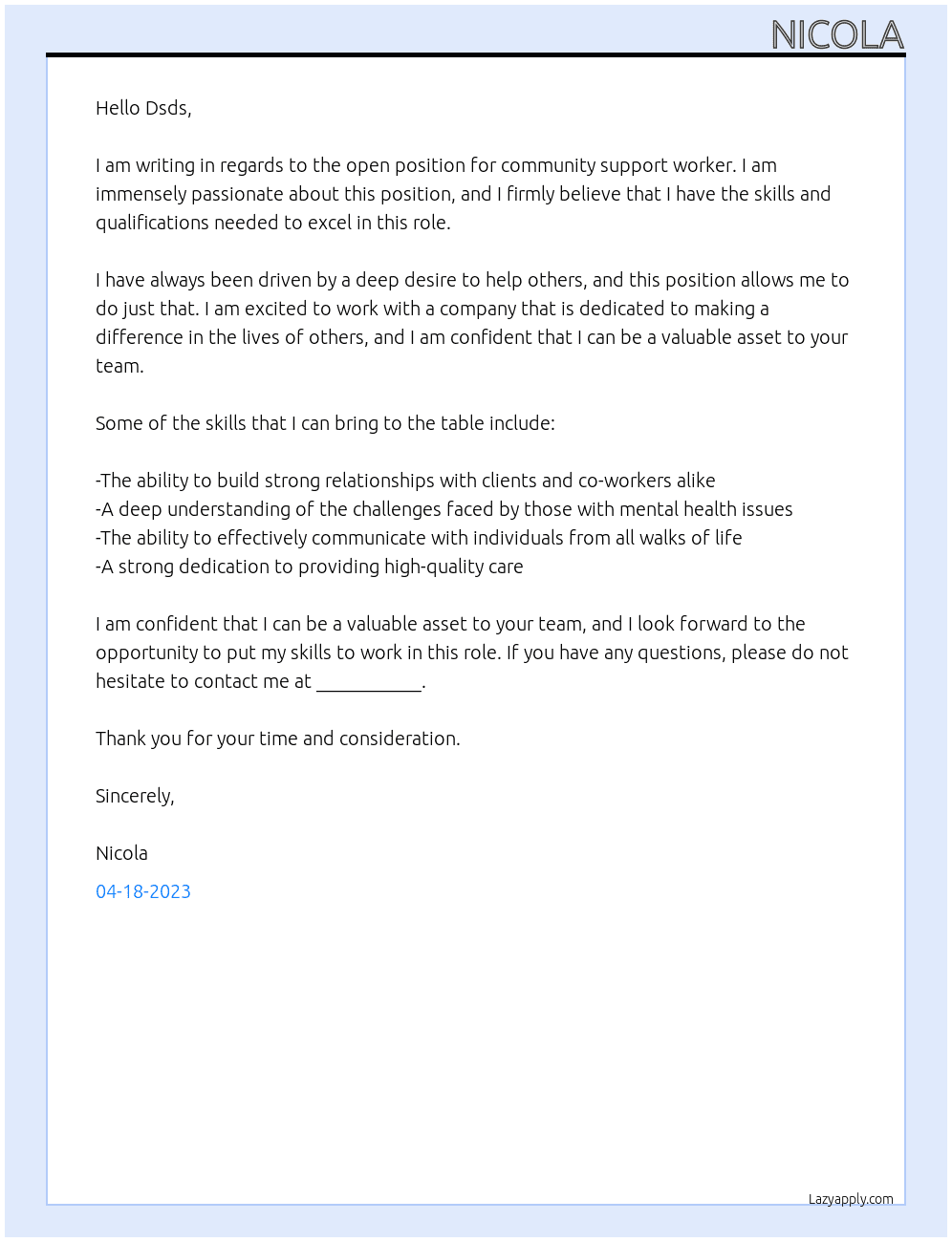 community support worker At dsds Cover Letter