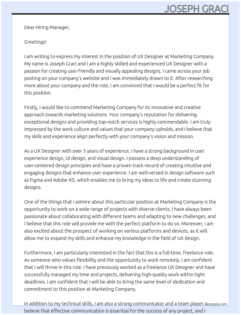 UX Designer At Marketing Company Cover Letter