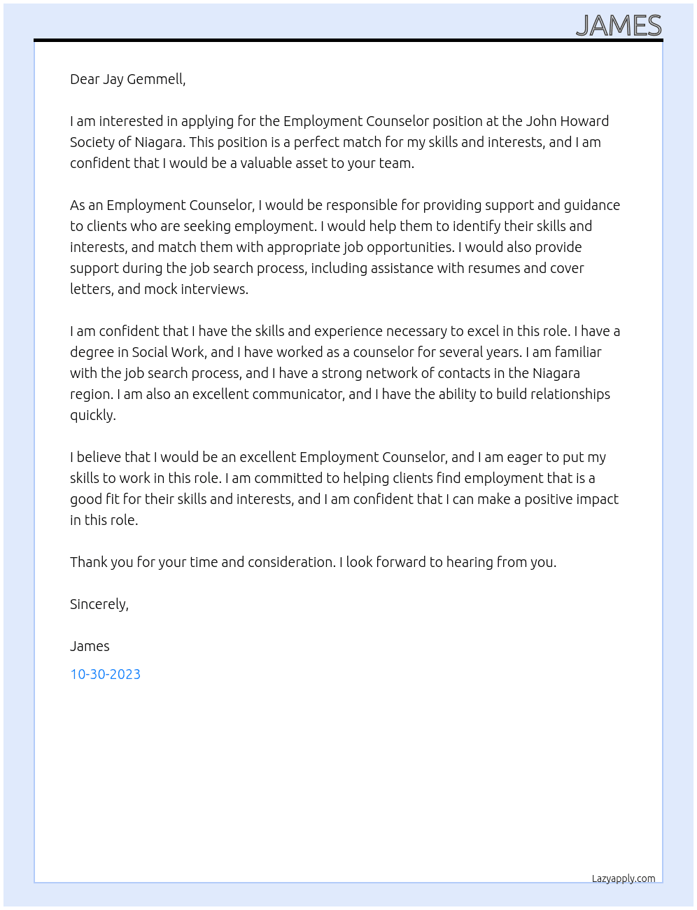 Employment Counselor At John Howard Society of Niagara  Cover Letter