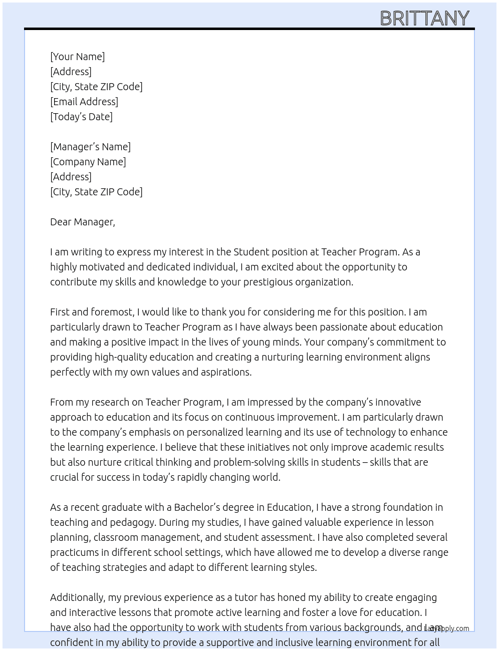 Student At Teacher program Cover Letter