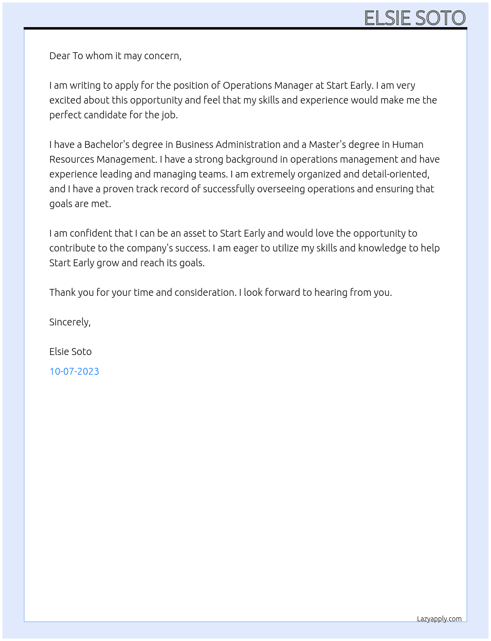 Operations Manager At Start Early Cover Letter