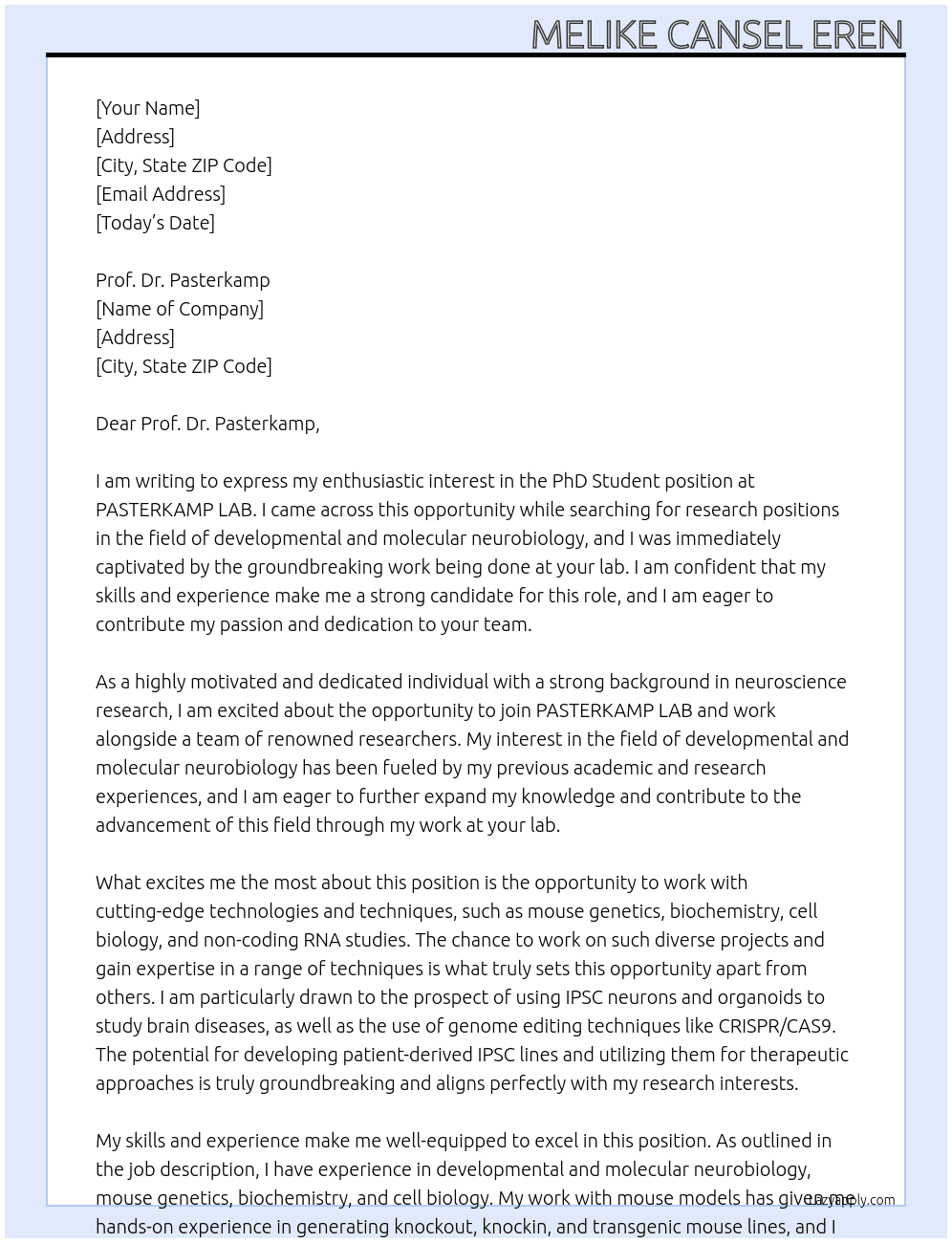 PhD Student At PASTERKAMP LAB Cover Letter