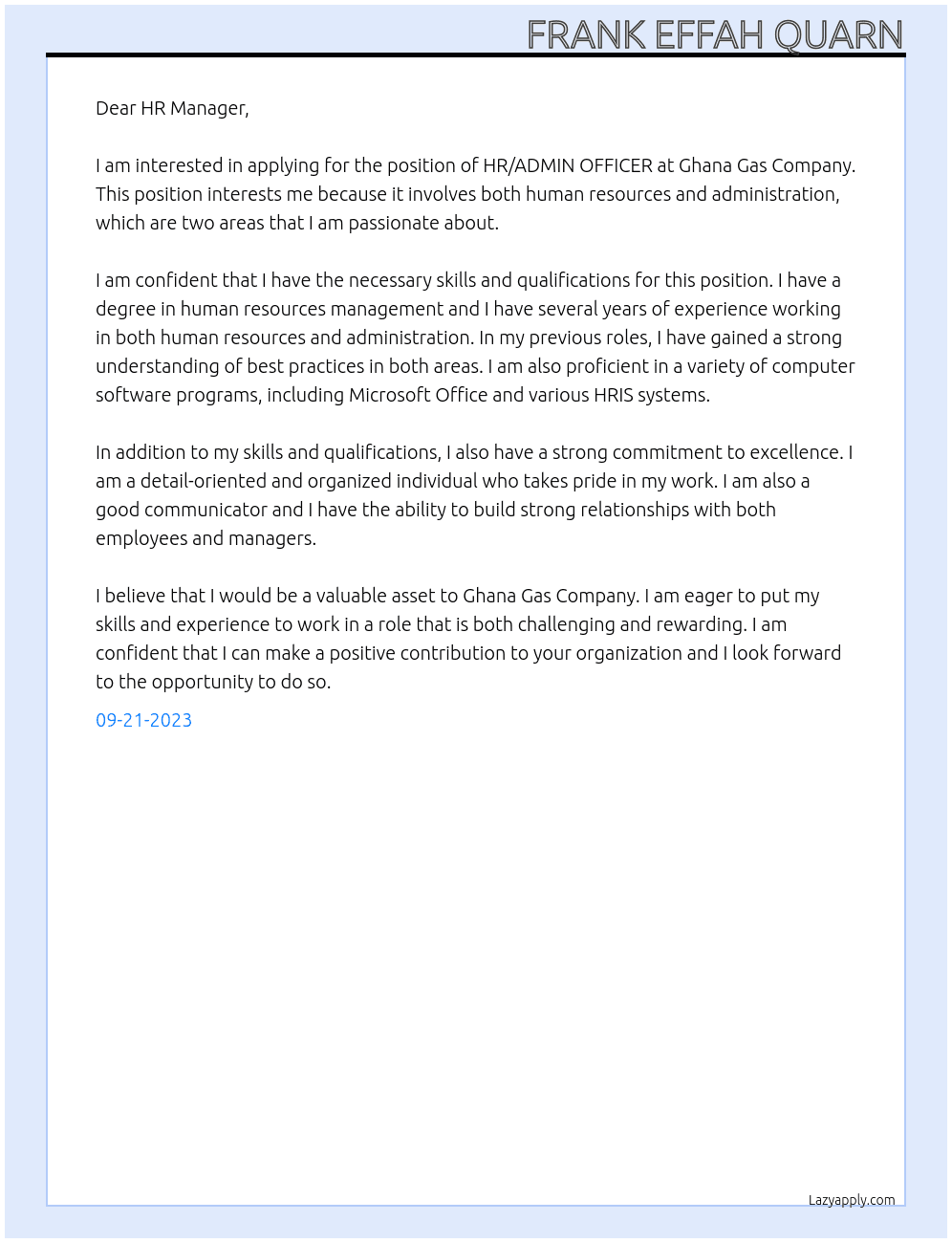 HR/ADMIN OFFICER At Ghana Gas Company Cover Letter