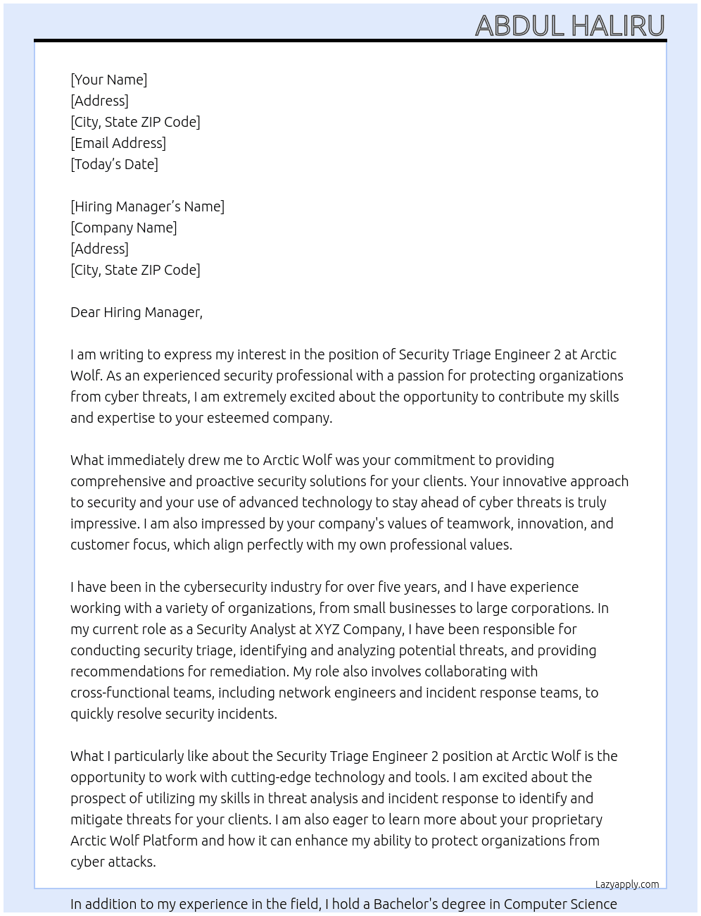 Security Triage Engineer 2 At Arctic Wolf Cover Letter