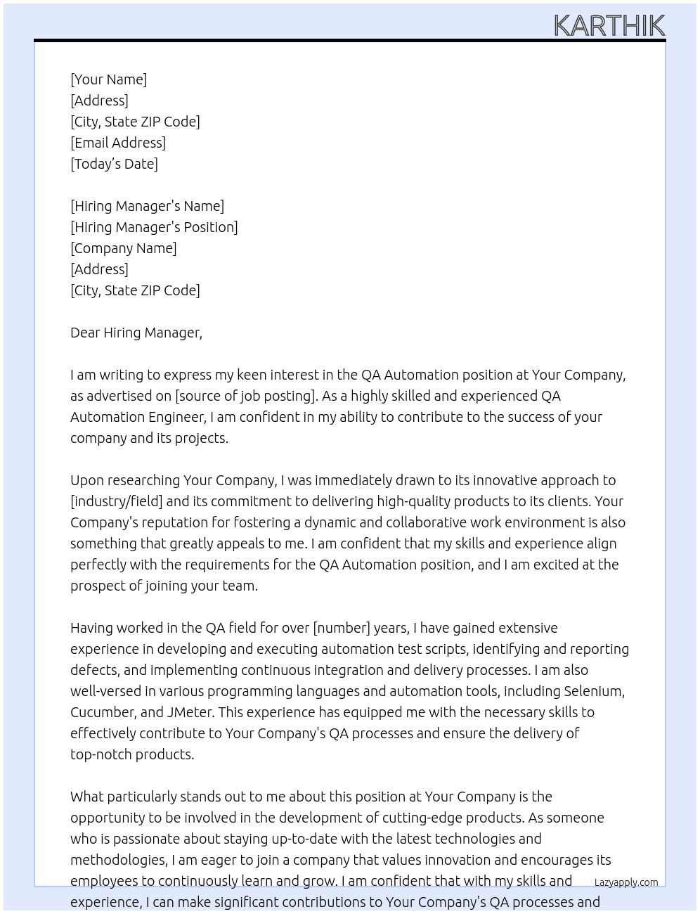 QA Automation At Your Company Cover Letter