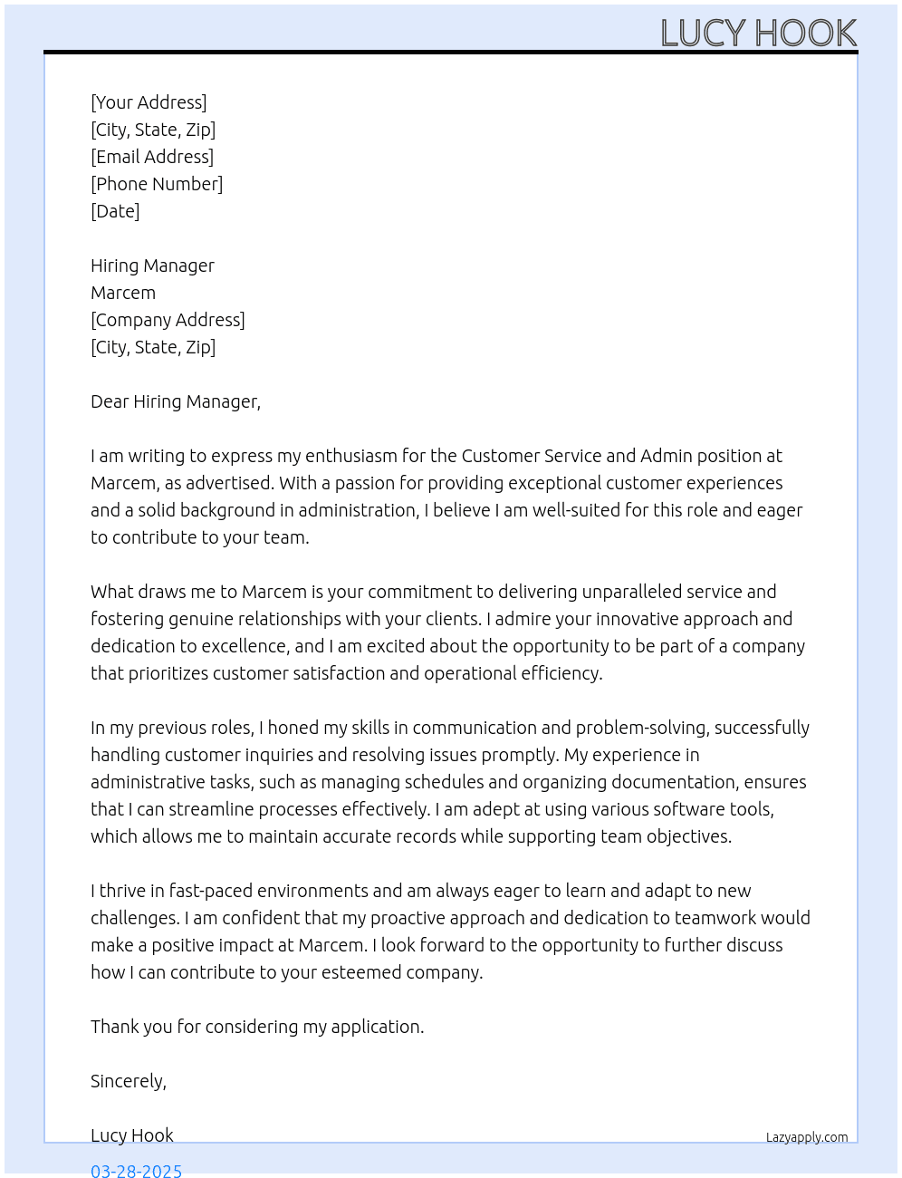 Cover letter for customer service and admin - LazyApply