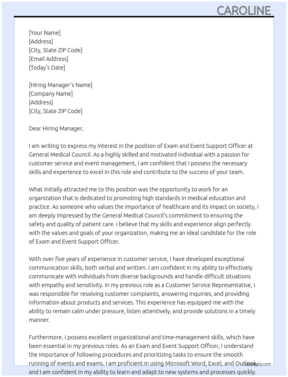 Exam and Event Support Officer At General Medical Council Cover Letter