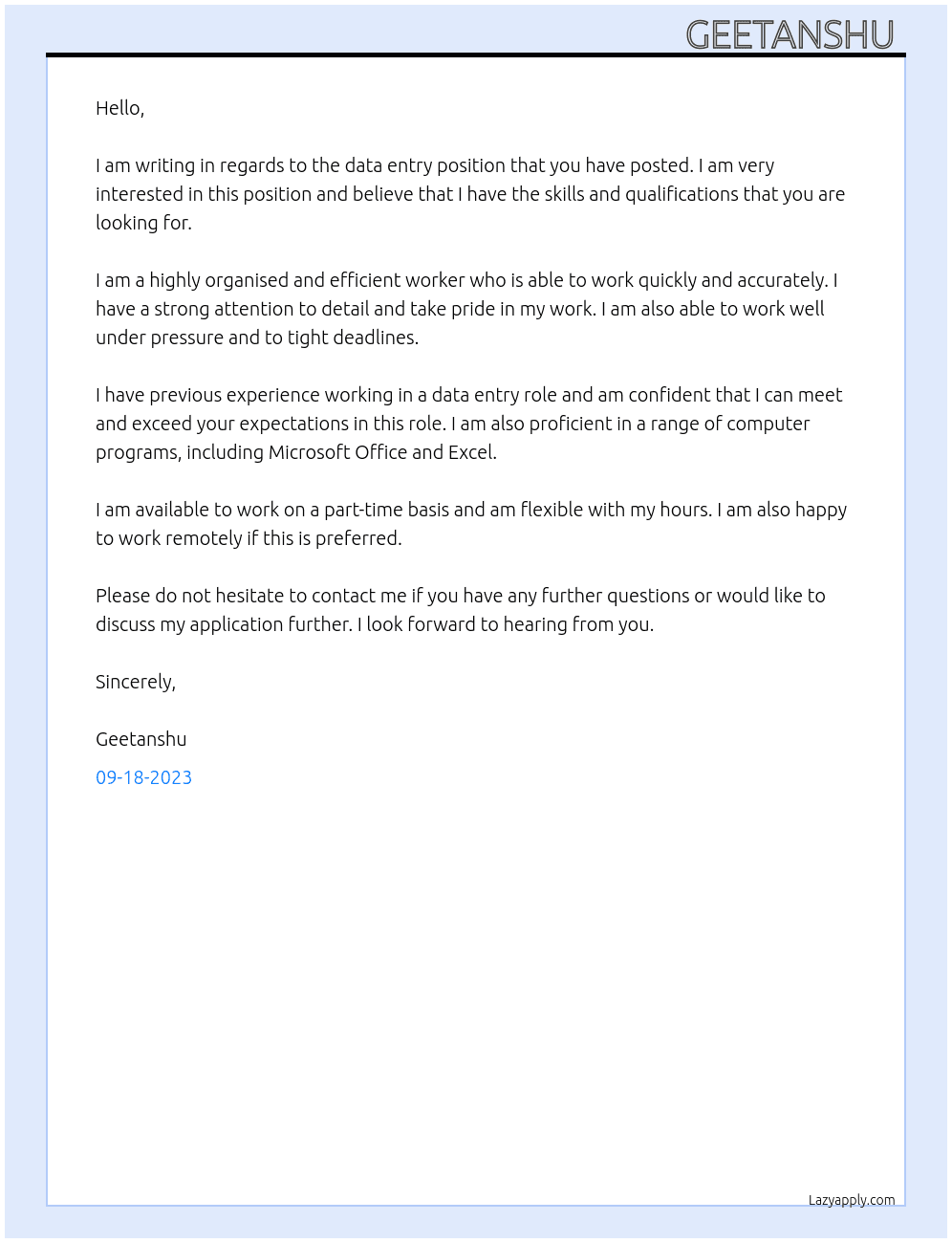 Data entry  At Momina M. Cover Letter