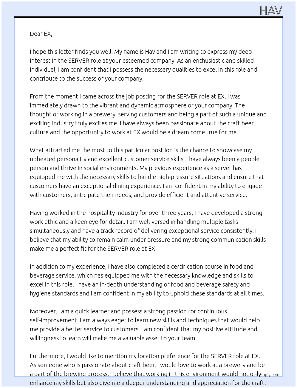 server At EX Cover Letter