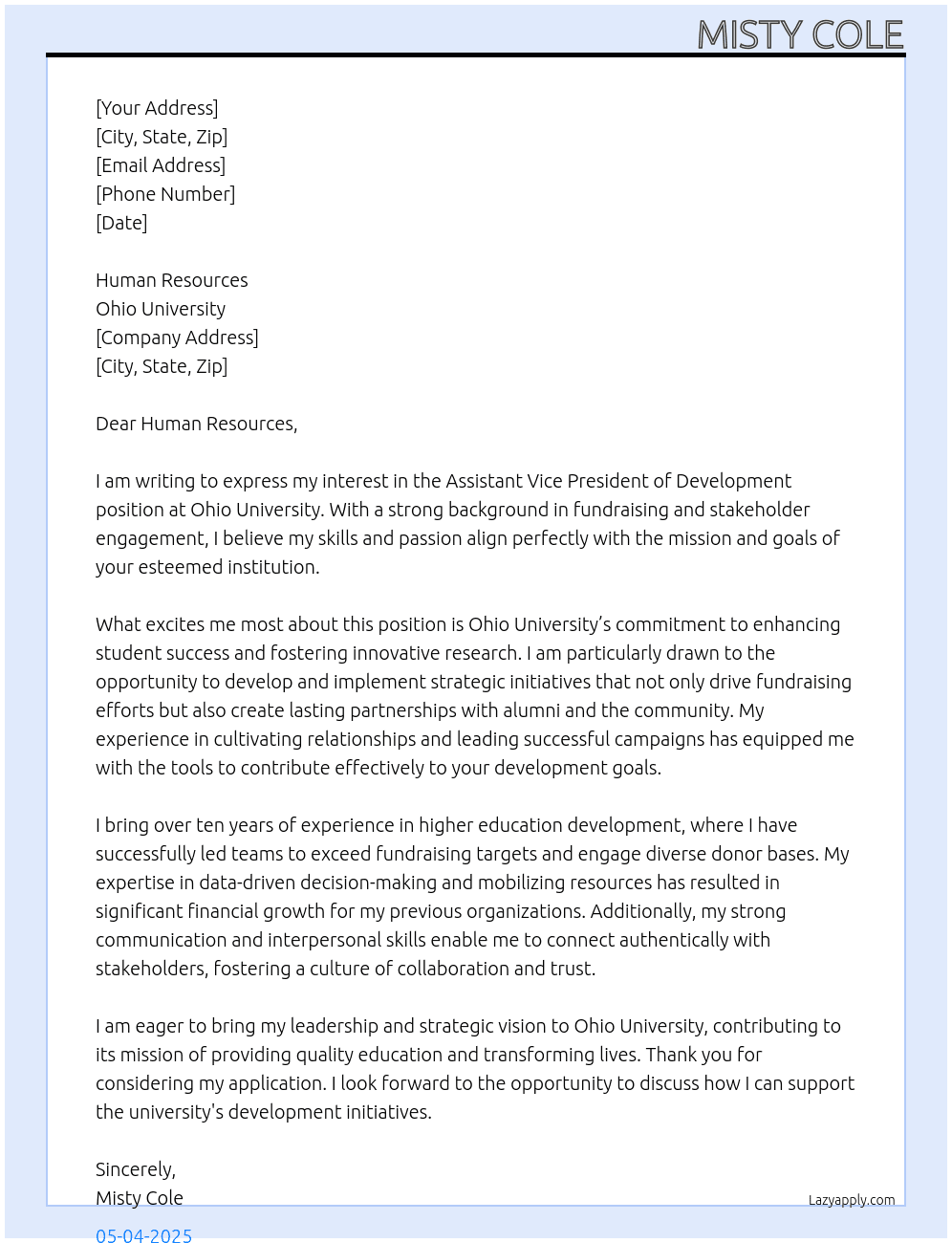 Assistant Vice President of Development At Ohio University Cover Letter