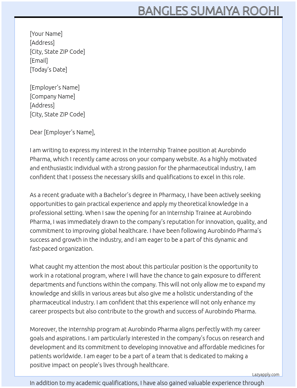 Internship trainee At Aurobindo Pharma Cover Letter