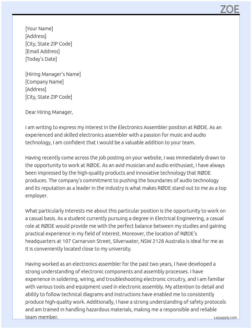 Electronics Assemblers At RØDE Cover Letter