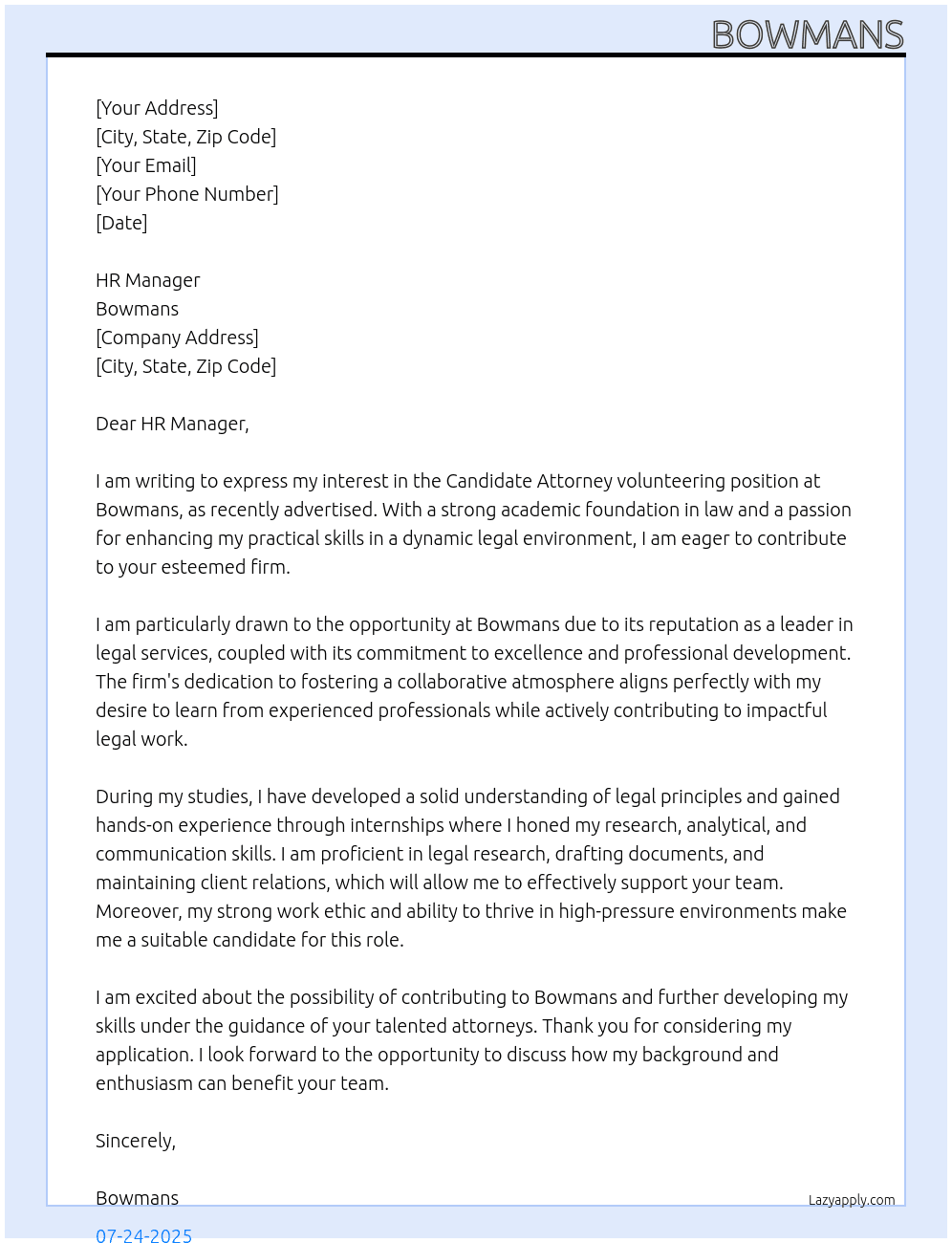 Candidate attorney  volunteering  At Bowmans Cover Letter