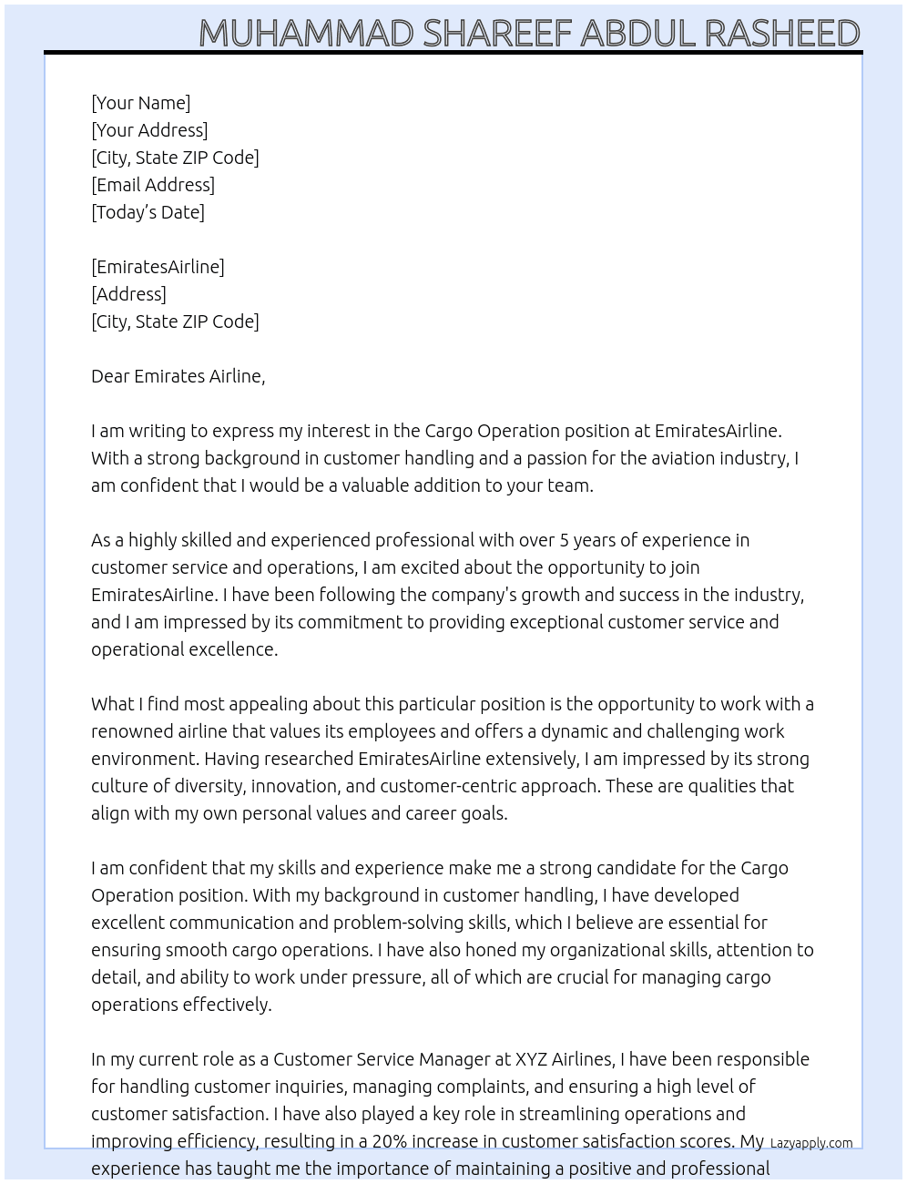 Cargo operation  At EmiratesAirline Cover Letter