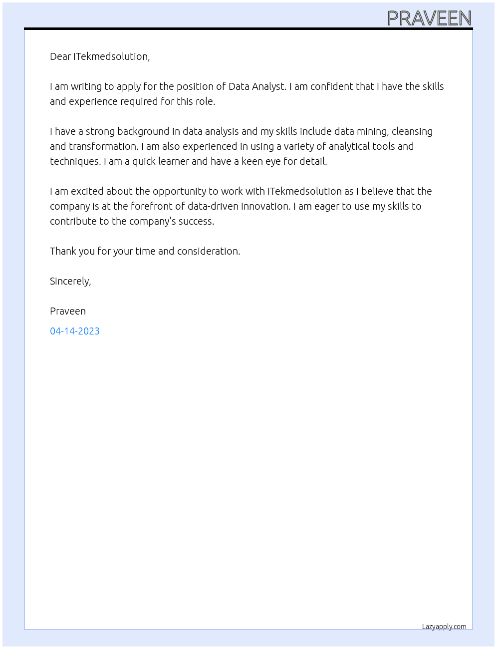 DATA ANALYAST At ITekmedsolution Cover Letter