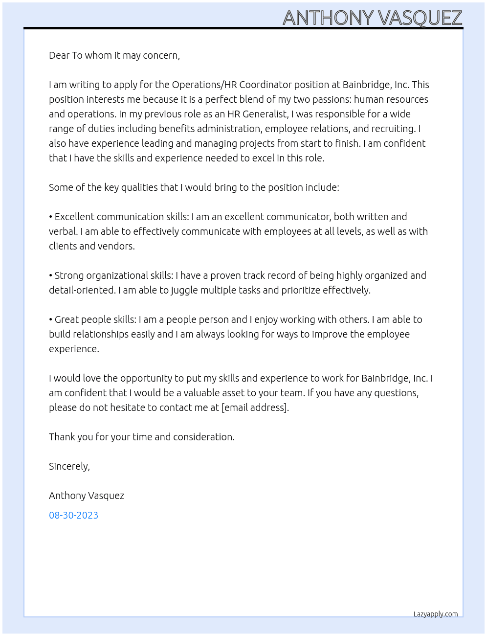 Operations/HR Coordinator At Bainbridge, Inc. Cover Letter