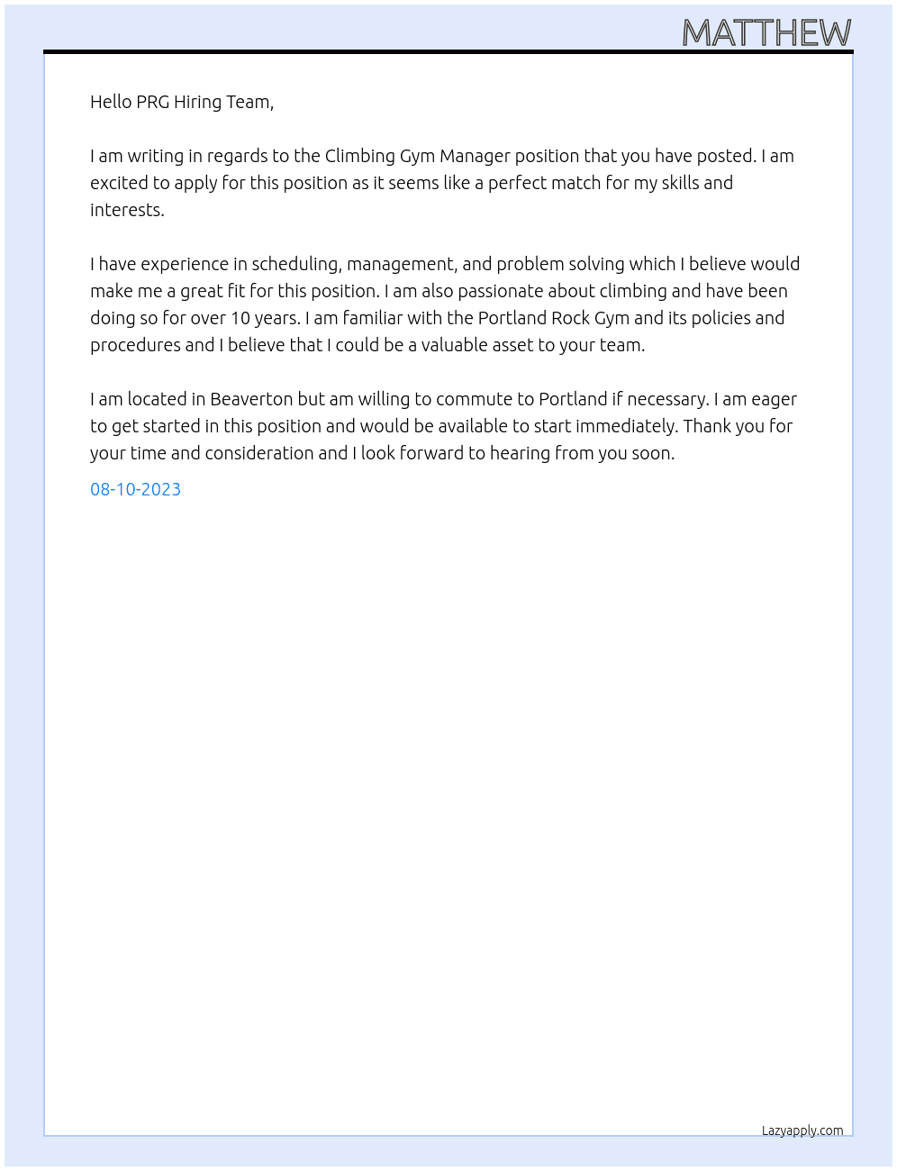 Climbing Gym Manager At Portland Rock Gym Cover Letter