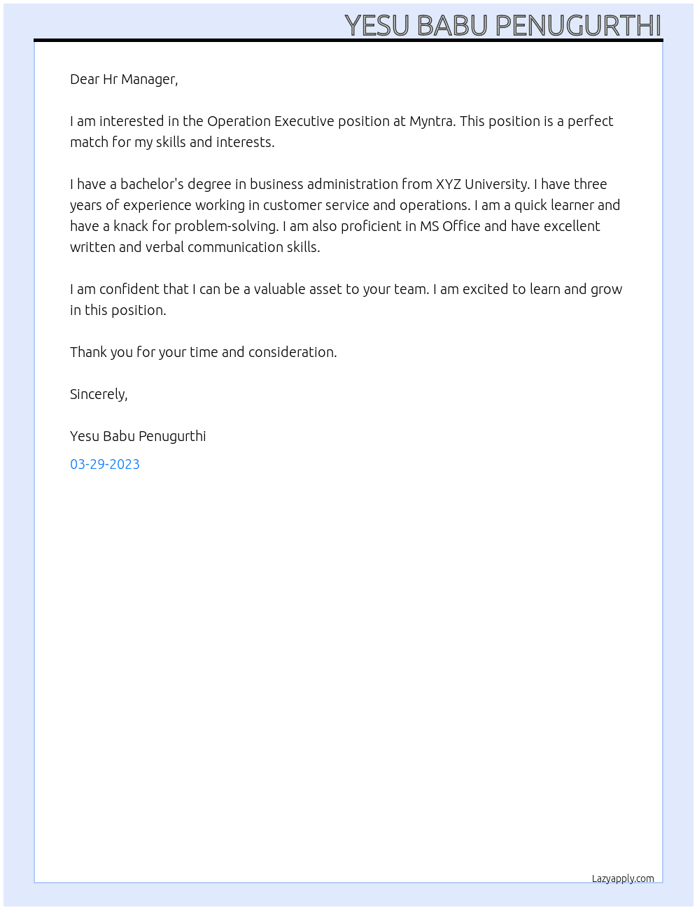 Operation Executive  At Myntra Cover Letter