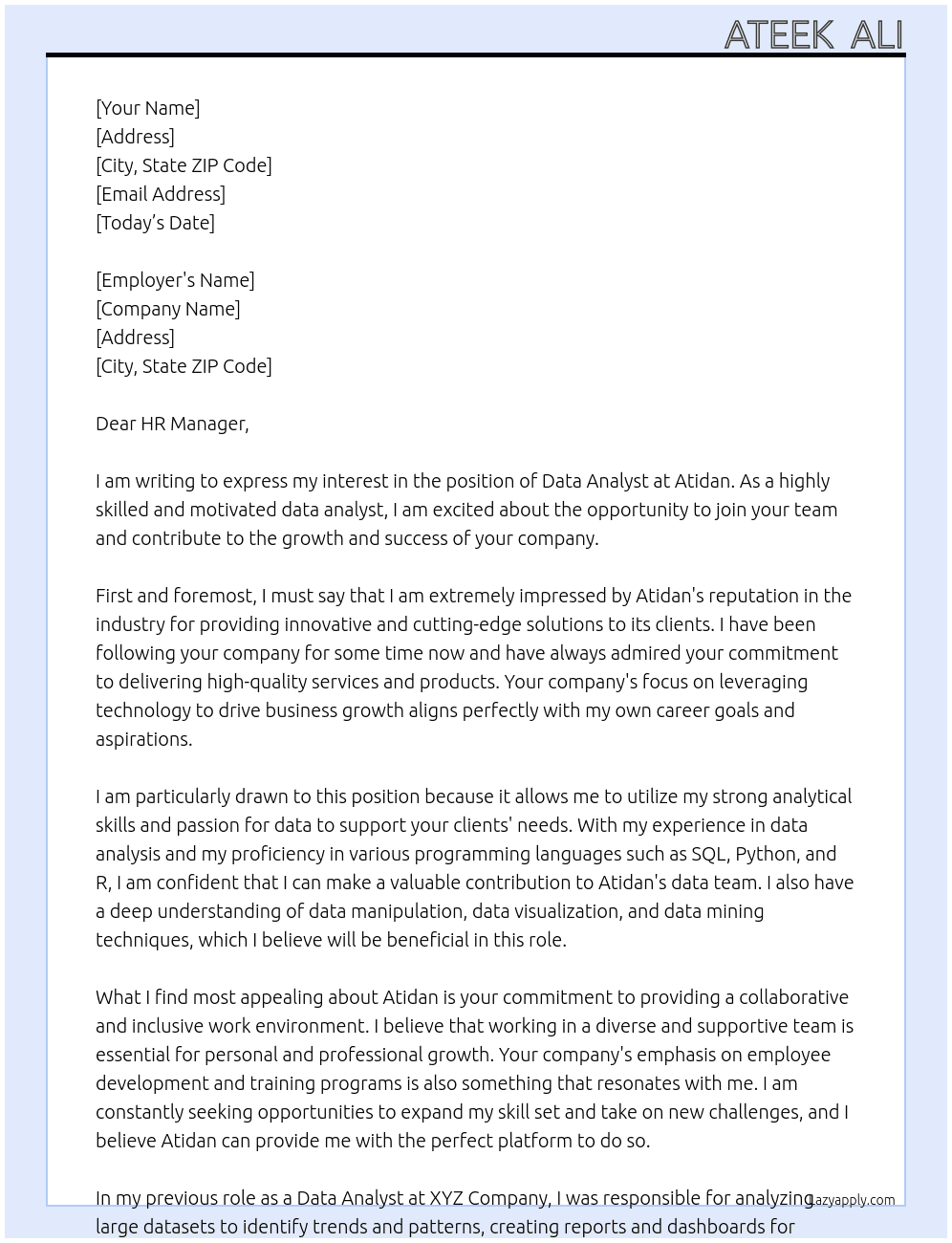 data analyst At atidan Cover Letter