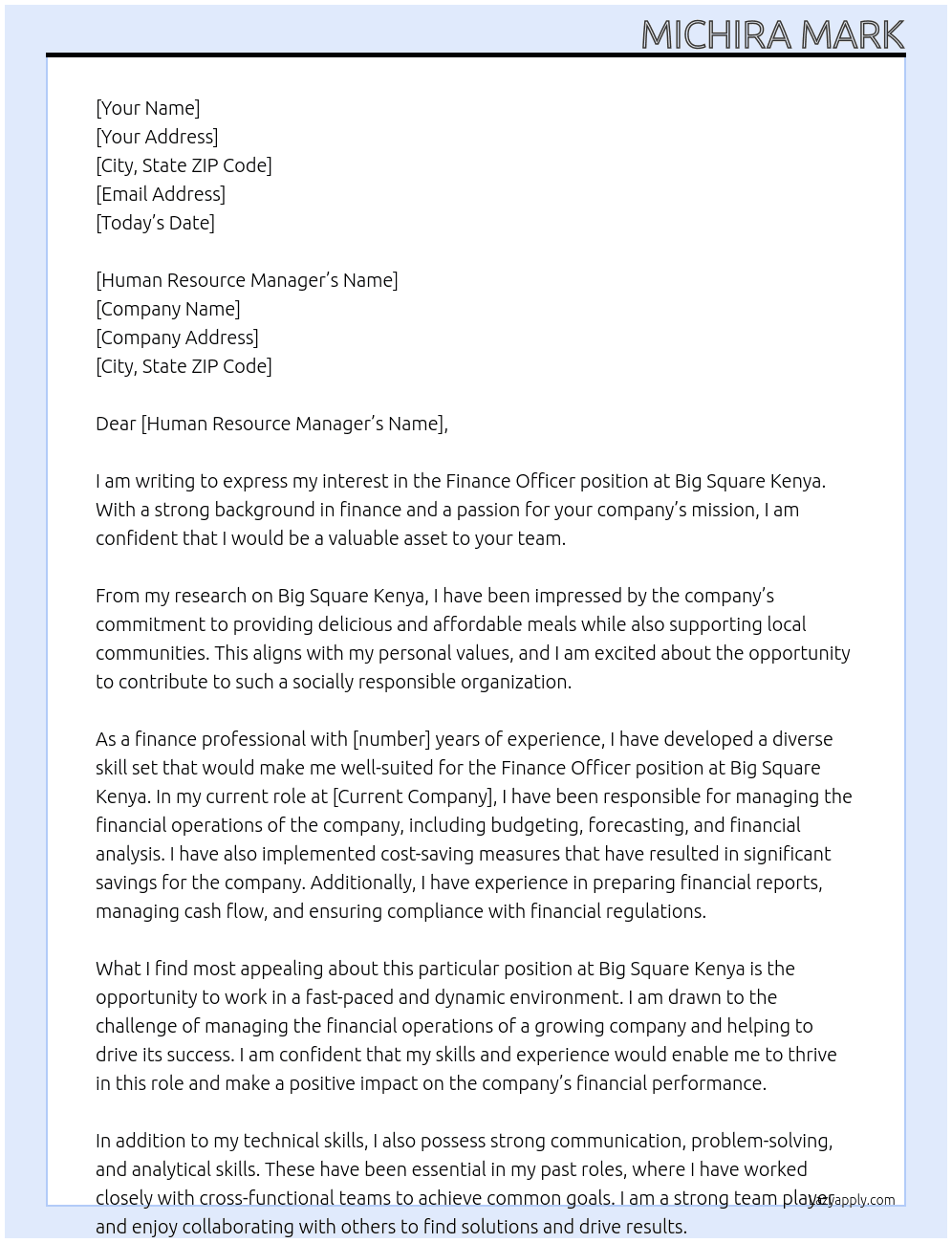 FINANCE OFFICER At Big Square Kenya Cover Letter