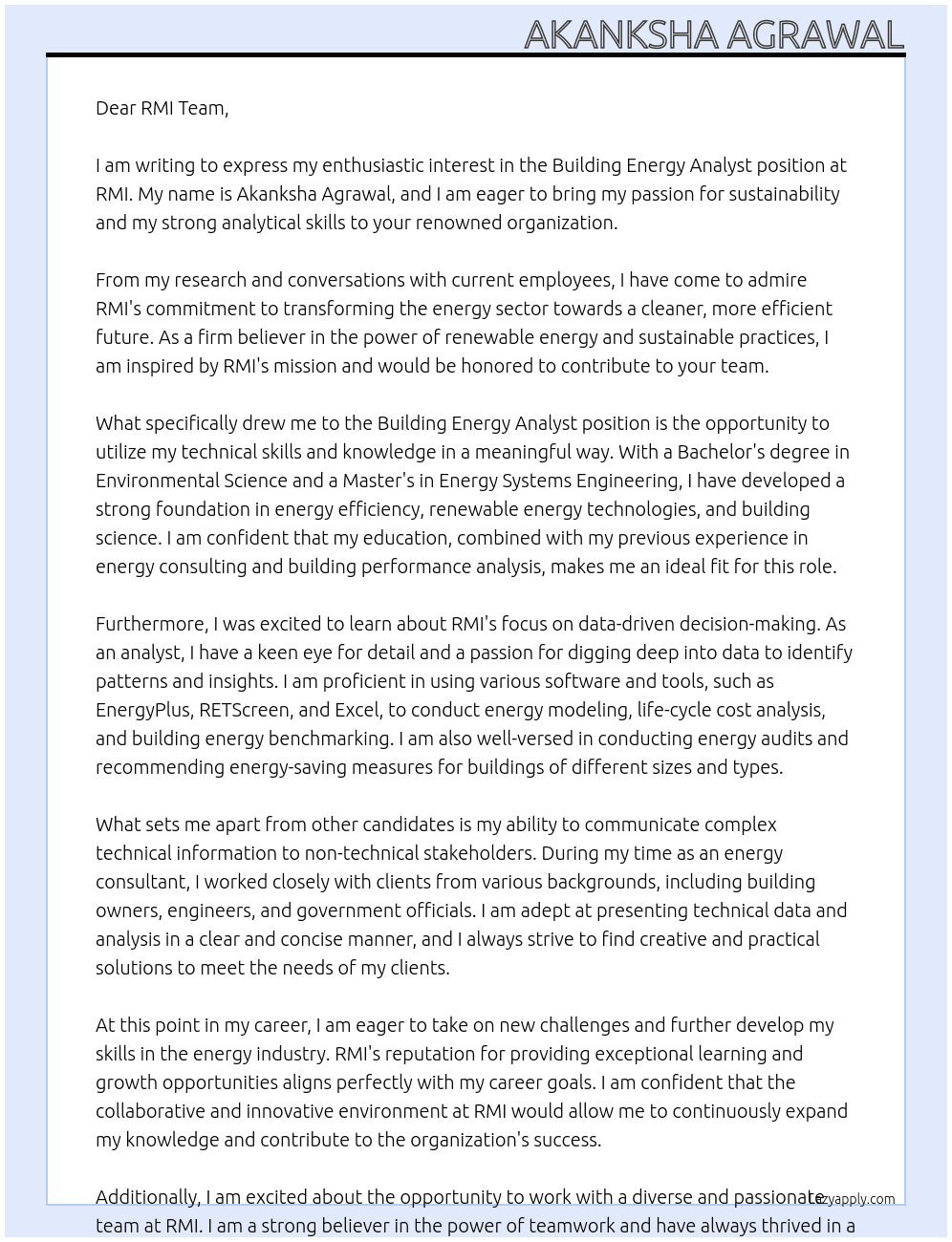 Building Energy Analyst At RMI  Cover Letter