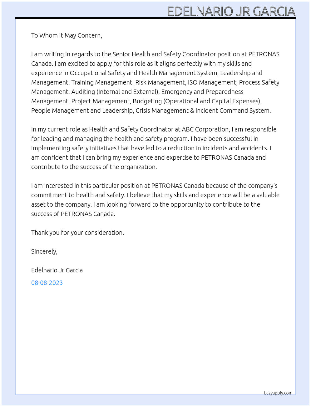 Senior Health and Safety Coordinator At PETRONAS Canada Cover Letter