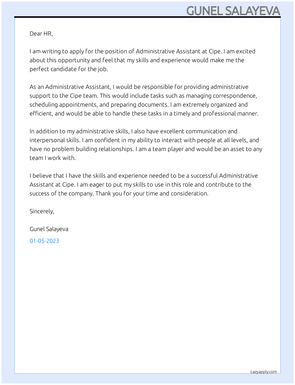 Administrative assistant  At Cipe Cover Letter