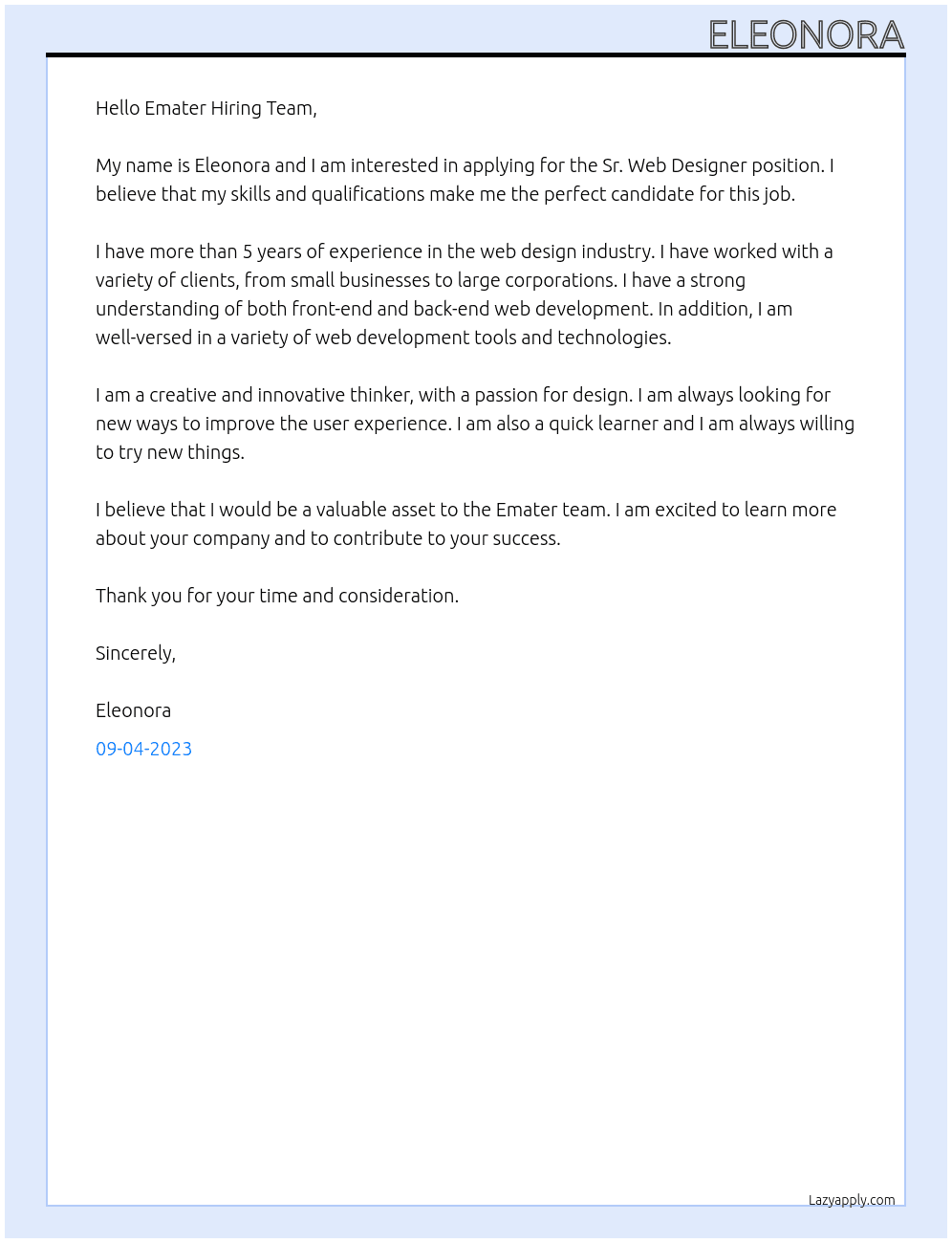 Sr. Web Designer At emater Cover Letter