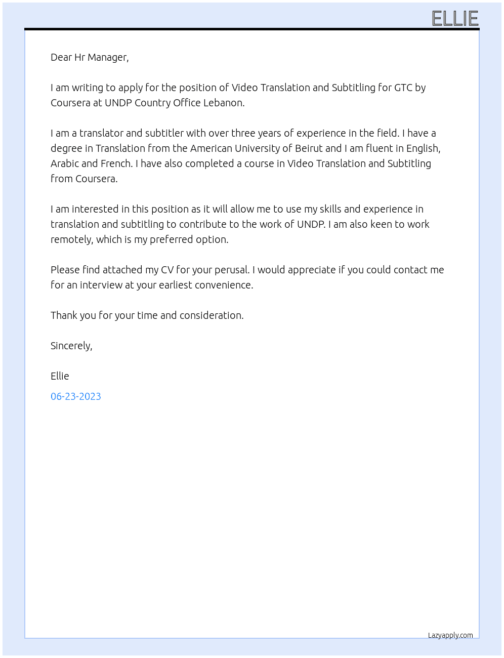 Video translation and subtitling At UNDP Country Office Lebanon Cover Letter