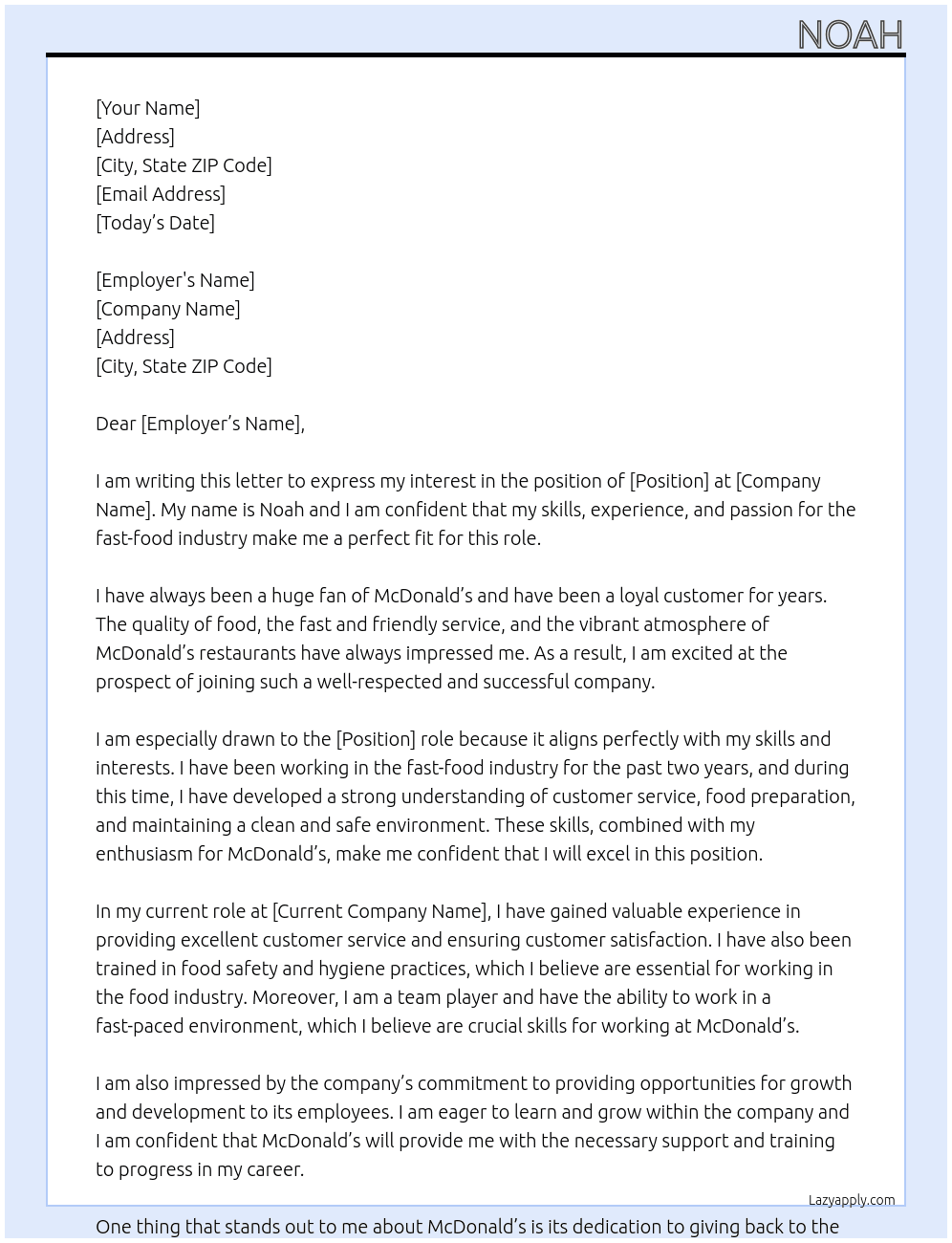 Mc donalds At Noah Cover Letter