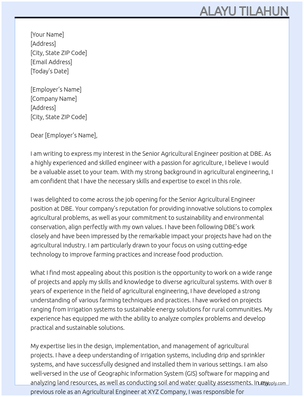 Cover letter for sr.agricultural engineer - LazyApply