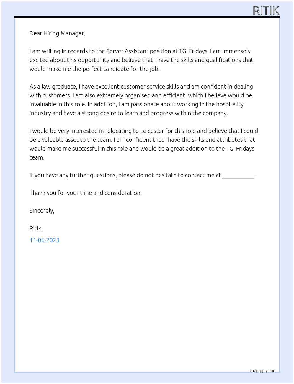 Server assistant At TGI Fridays Cover Letter