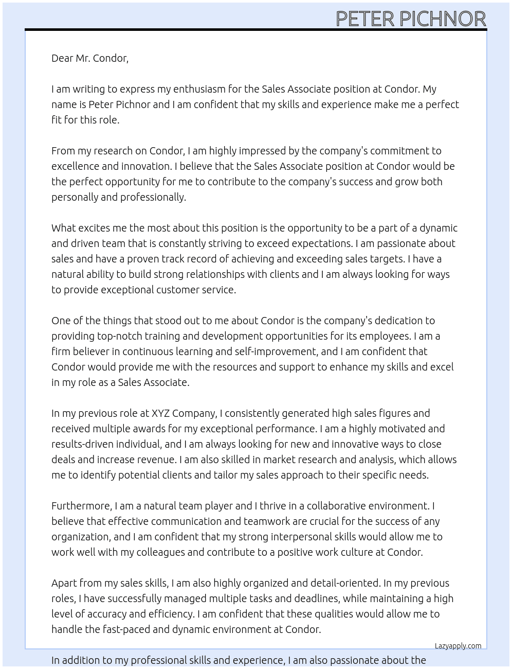 Sales associate  At Condor Cover Letter