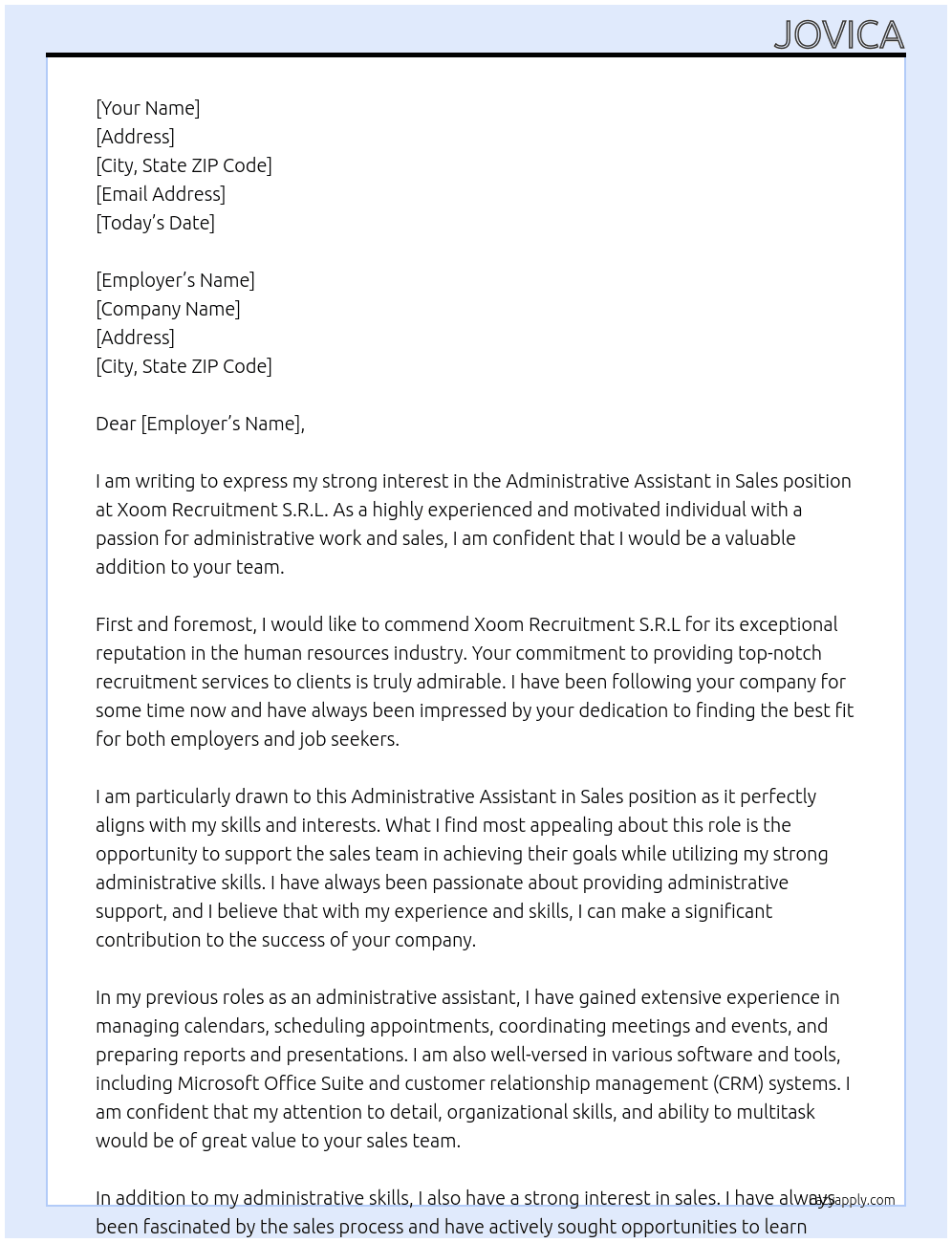Administrative Assistant in Sales At Xoom Recruitment S.R.L Cover Letter
