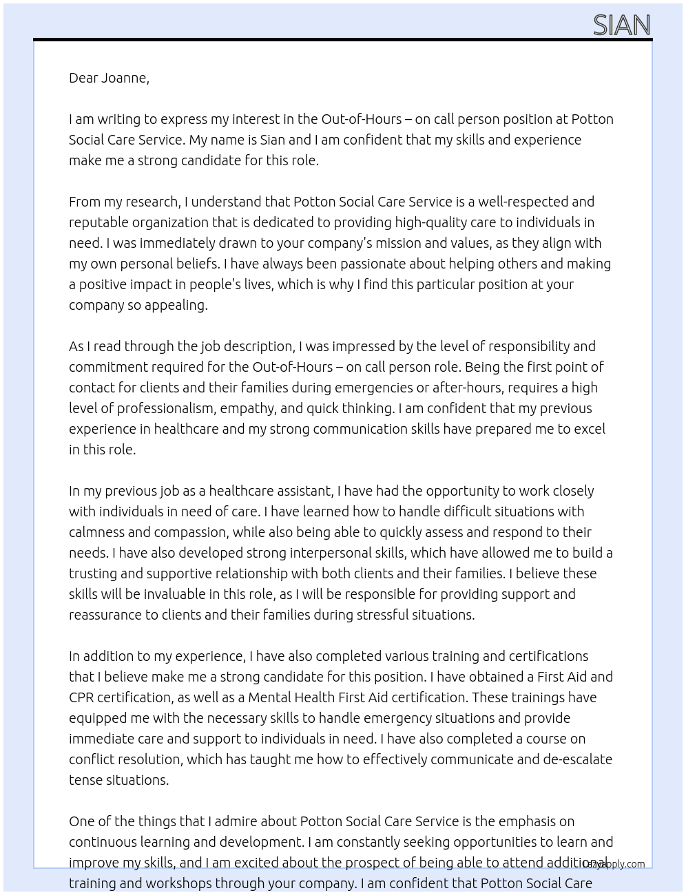 Out-of-Hours – on call person At Potton Social Care Service Cover Letter