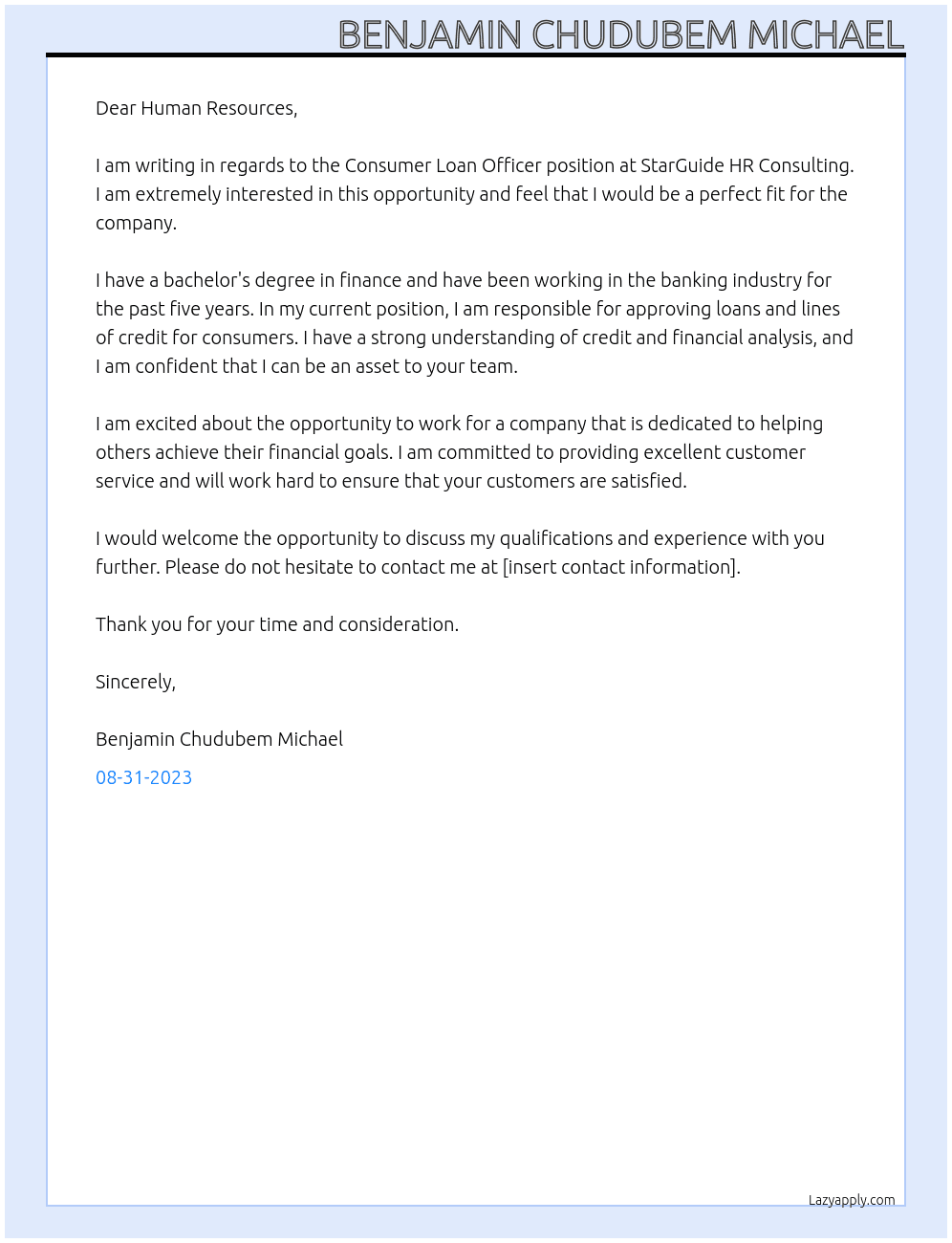 consumer loan officer At StarGuide HR Consulting Cover Letter
