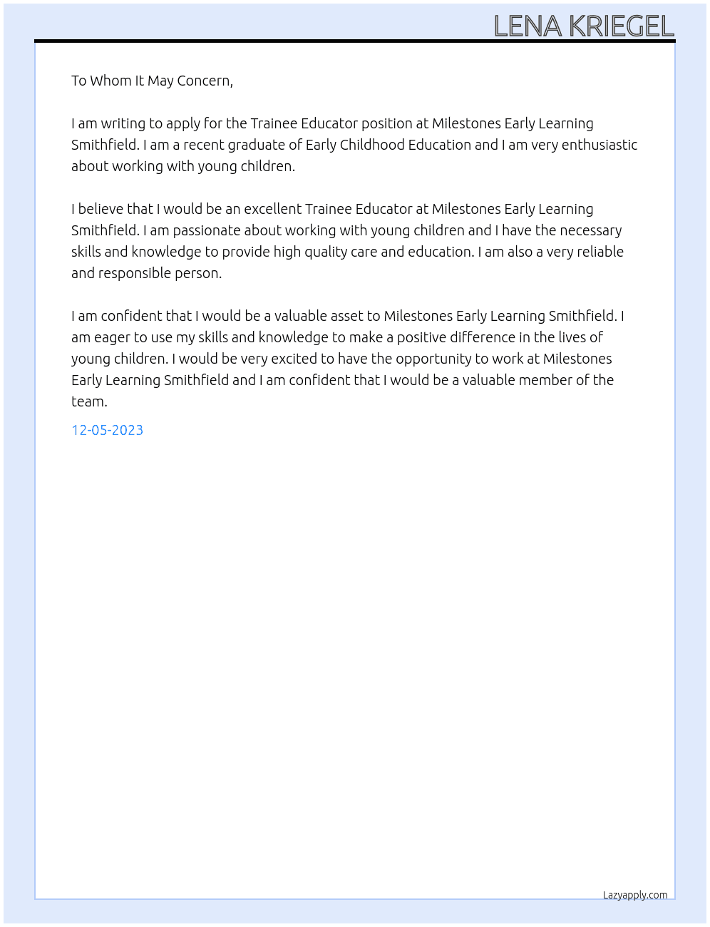 Trainee Educator At Milestones Early Learning Smithfield Cover Letter