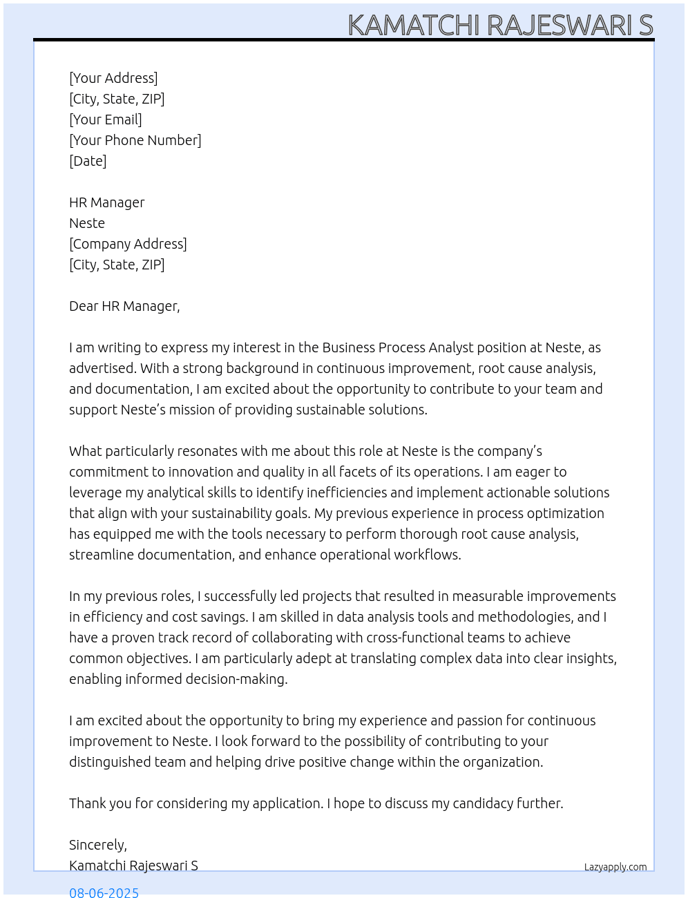 Business process analyst  At Neste Cover Letter