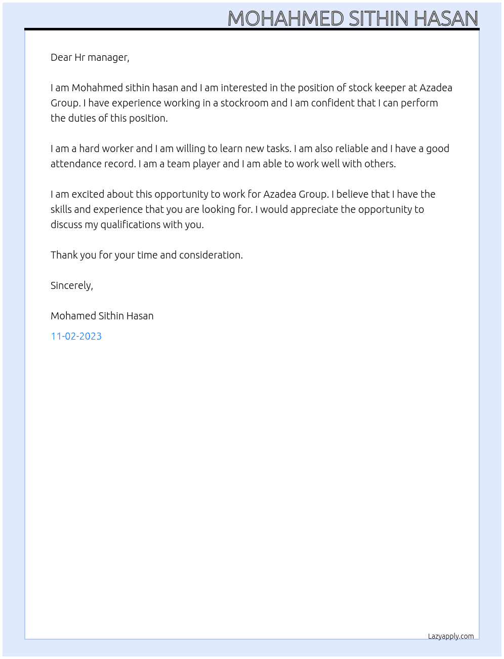 stock keeper At Azadea Group Cover Letter