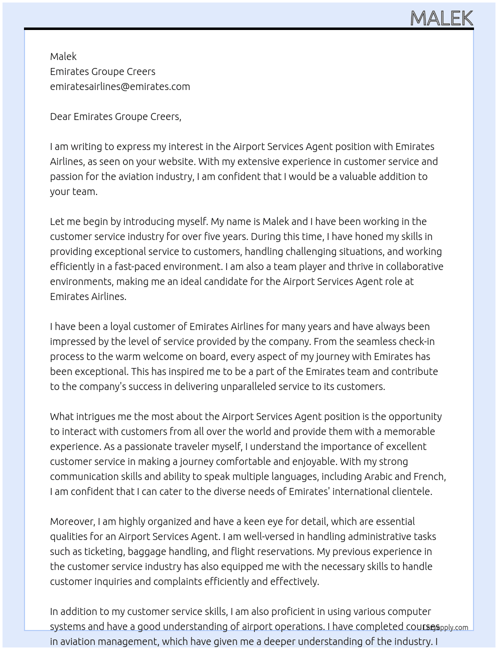 Cover letter for airport services agent - LazyApply