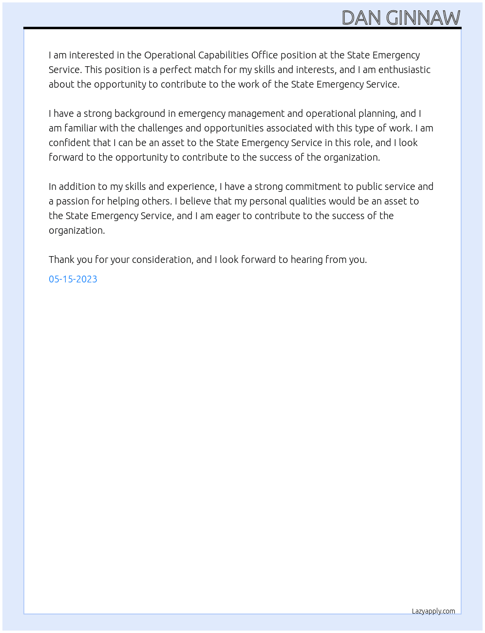 Operational Capabilities Office At State emergency Service Cover Letter