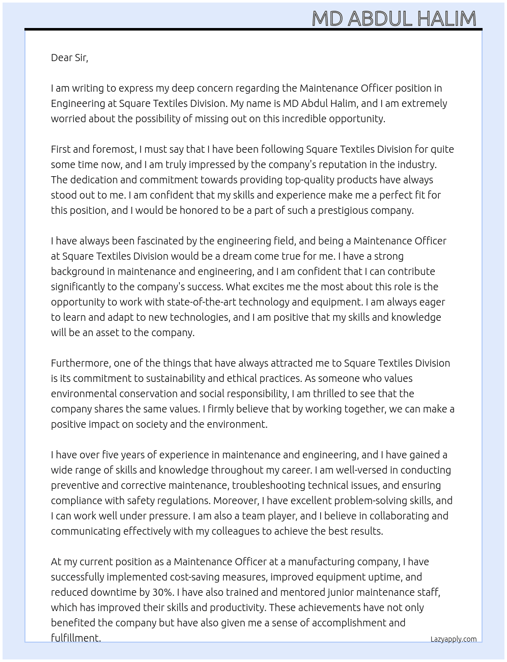 Maintenance Officer, Engineering  At Square Textiles Division  Cover Letter