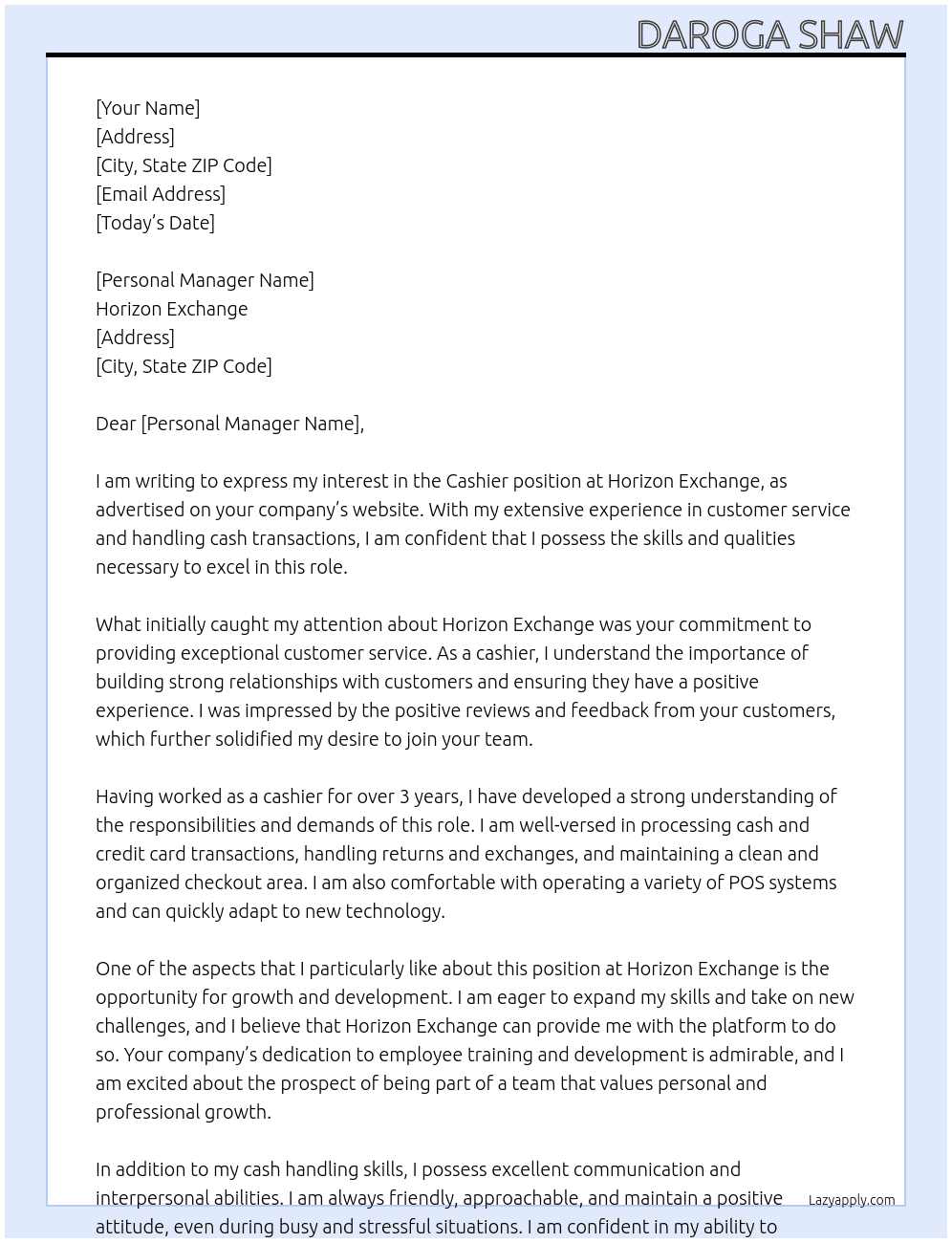 Cashier  At Horizon Exchange  Cover Letter