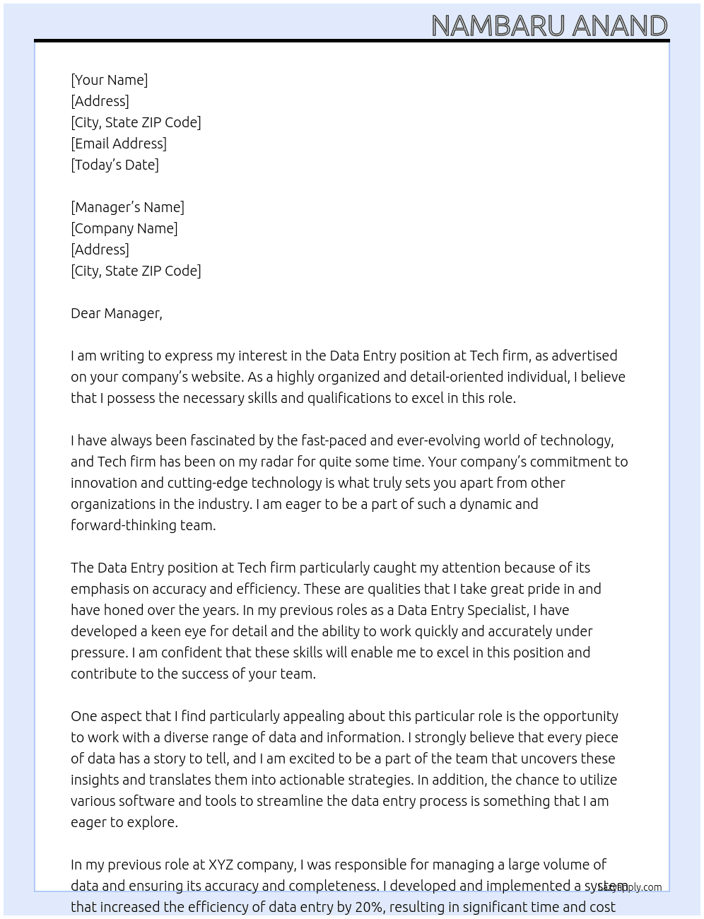 Data Entry At Tech firm Cover Letter