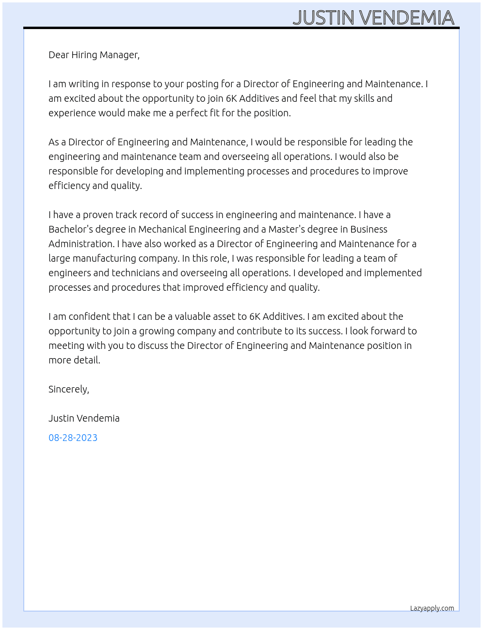 Director, Engineering and Maintenance  At 6K Additives  Cover Letter